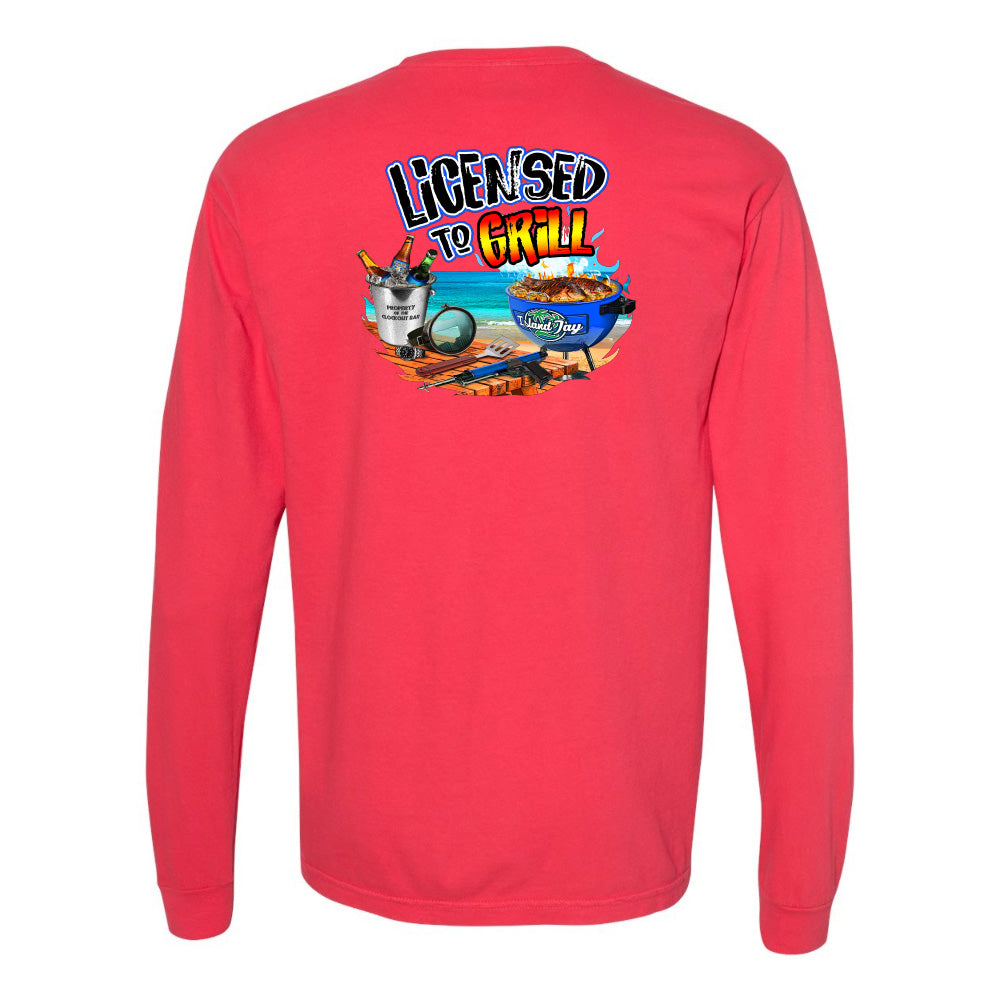 Red long-sleeve shirt with a colorful graphic and text on the back against a white background
