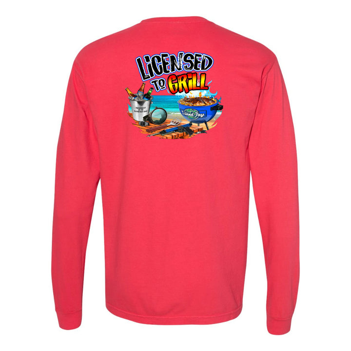 Red long-sleeve shirt with a colorful graphic and text on the back against a white background