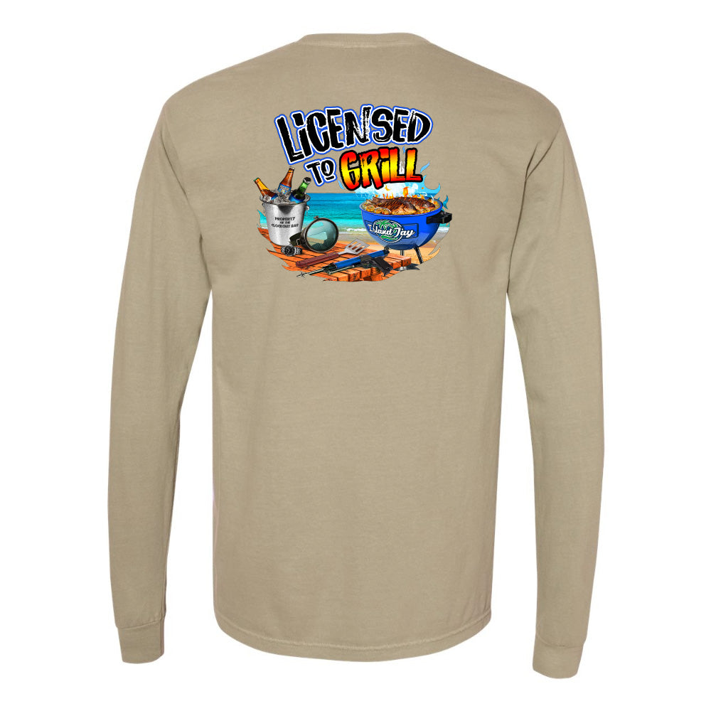 Beige long-sleeve shirt with 'Licensed to Grill' graphic on the back
