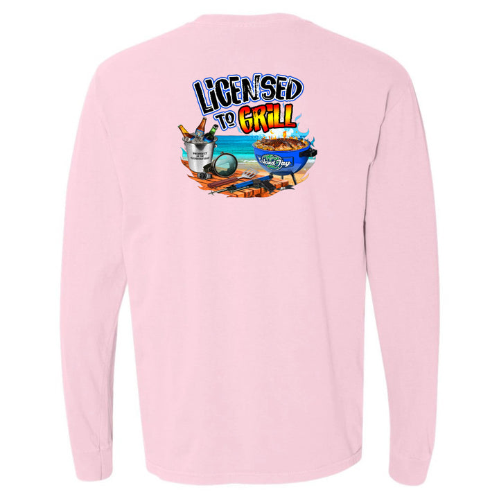 Pink long-sleeve shirt with 'Licensed to Grill' graphic on the back