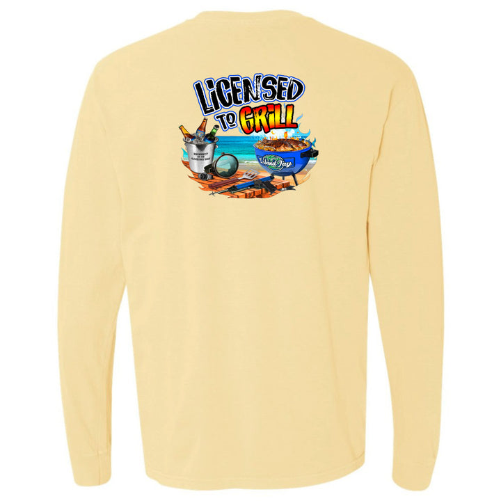 Beige long-sleeve shirt with 'Licensed to Grill' graphic on the back