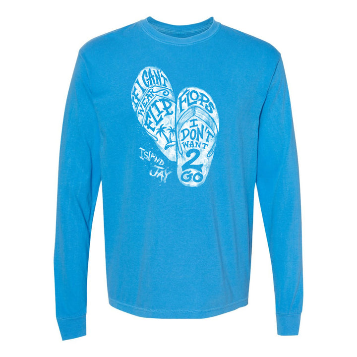 Blue long-sleeve shirt with white flip-flop graphic and text on a white background