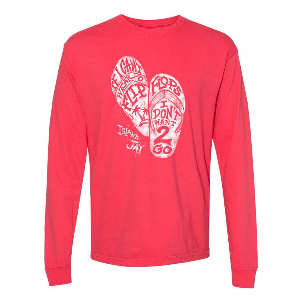 Red long-sleeve shirt with white graphic design on a white background