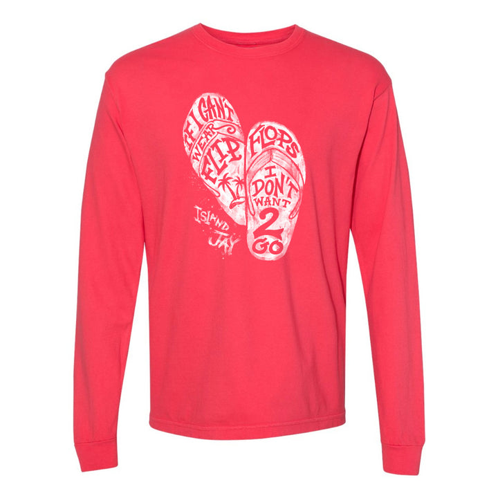 Red long-sleeve shirt with white graphic design on a white background