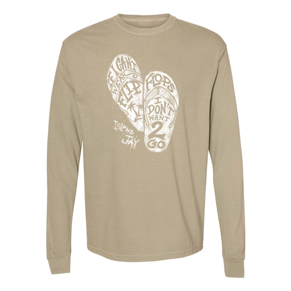 Beige long-sleeve shirt with flip-flop graphic and text on a white background
