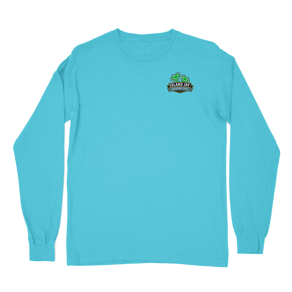 A turquoise long-sleeve crewneck t-shirt with a small 'Fell's Bay Brewing Company' logo printed on the left chest, displayed on a clean white background.