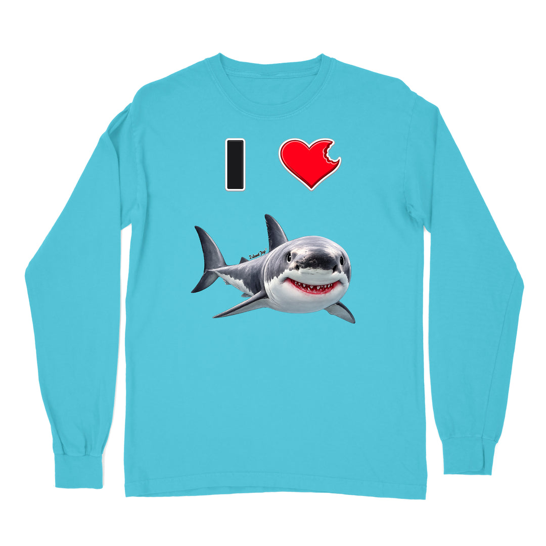 A blue long sleeve shirt with the phrase "I love shark" written with a heart icon graphic for the "love" and a cute shark graphic for the "Shark".