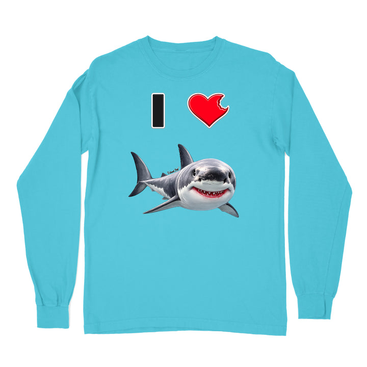 A blue long sleeve shirt with the phrase "I love shark" written with a heart icon graphic for the "love" and a cute shark graphic for the "Shark".