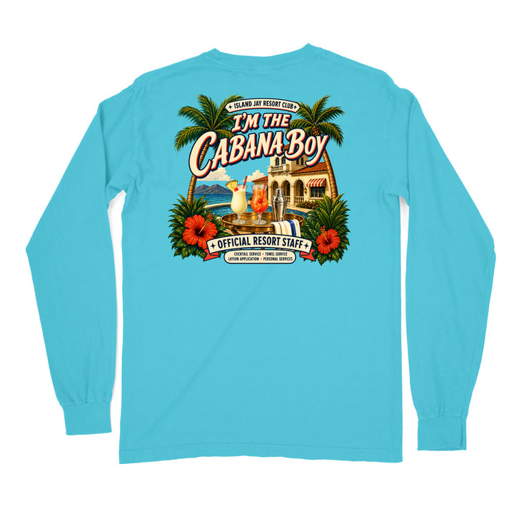 A light blue long-sleeve t-shirt shown from the back, featuring a large, colorful graphic print with palm trees, hibiscus flowers, a cocktail, and resort-themed text reading 'I'm The Cabana Boy' and 'Official Resort Staff'.