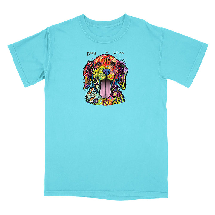 Light blue t-shirt with a colorful dog graphic and 'Dog is Love' text on a white background