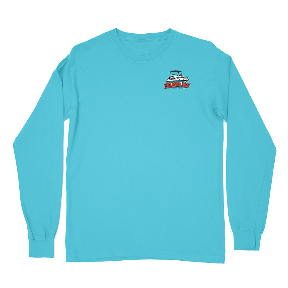 A light blue long-sleeve crewneck t-shirt with a small colorful graphic on the left chest, displayed flat against a solid white background.