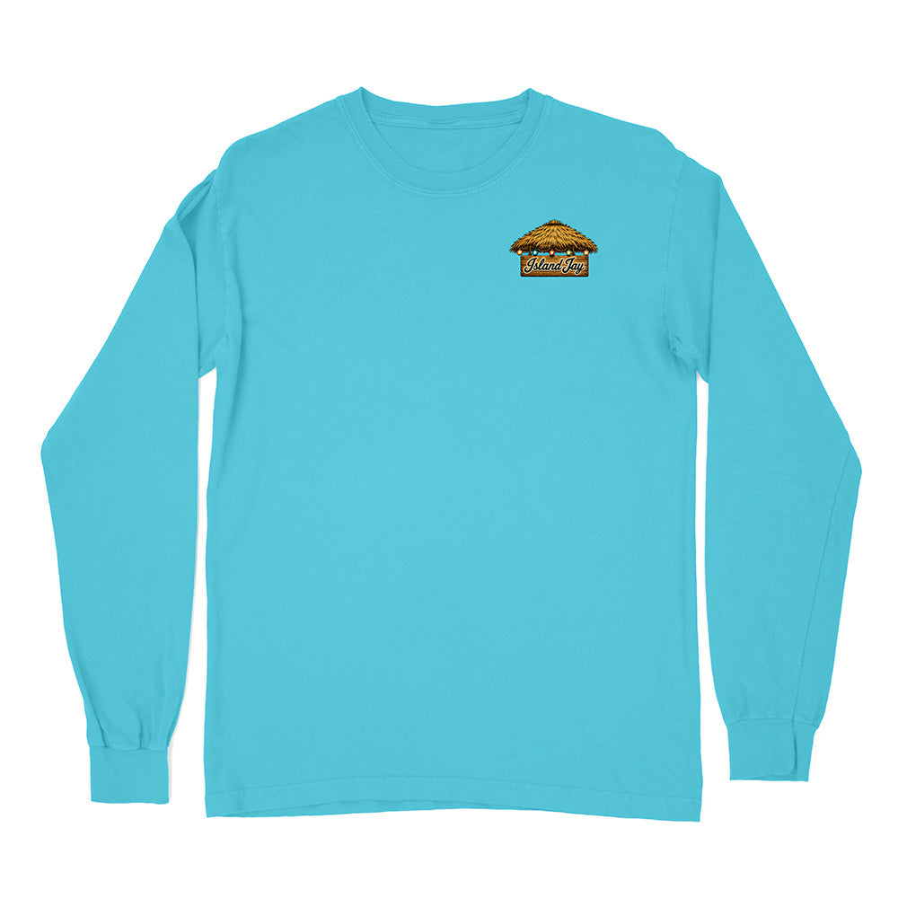 A turquoise long-sleeve crewneck t-shirt with a small graphic on the left chest depicting a taco with the text 'Tacos Mexican'. The shirt is displayed flat against a solid white background.