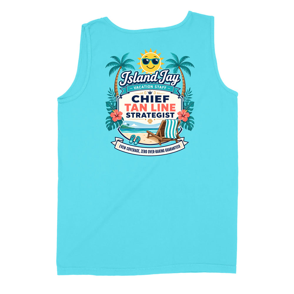 A light blue sleeveless tank top shown flat against a white background, featuring a colorful graphic print on the back with palm trees, a sun, and the text 'Island Jay Vacation Staff' and 'CHIEF TAN LINE STRATEGIST'.