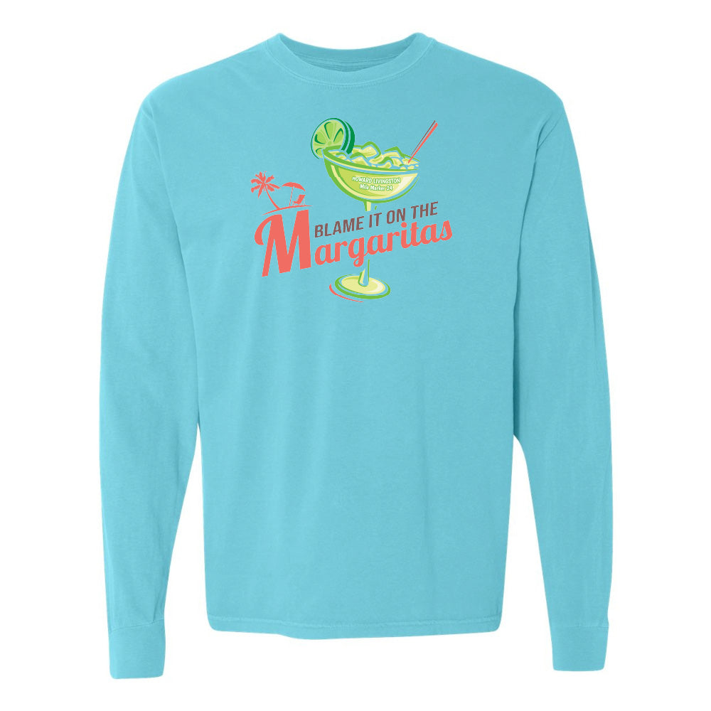 Light blue long-sleeve shirt with a margarita graphic and text on a white background