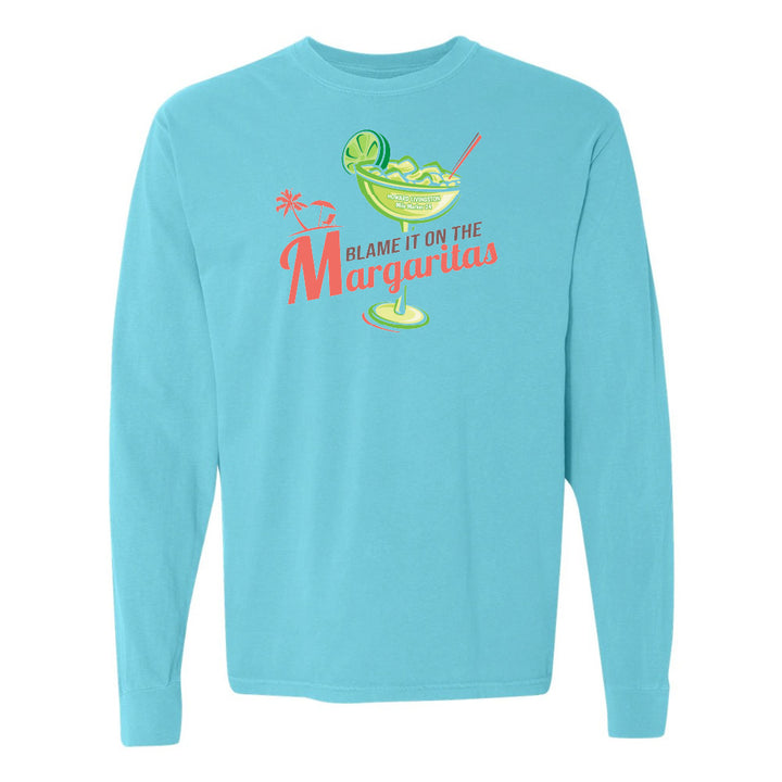 Light blue long-sleeve shirt with a margarita graphic and text on a white background