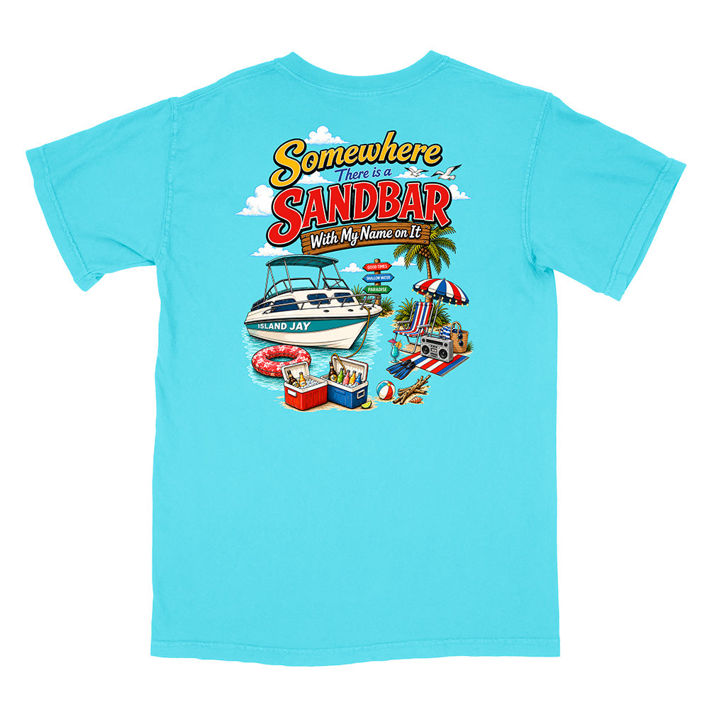 A light blue short-sleeve t-shirt with a colorful graphic print on the back. The graphic features the text 'Somewhere There is SANDBAR Wish My Name was It' above an illustration of a boat, beach umbrella, towels, and a cooler.