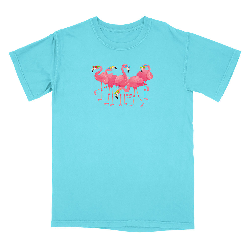 Light blue t-shirt with pink flamingo design on a white background