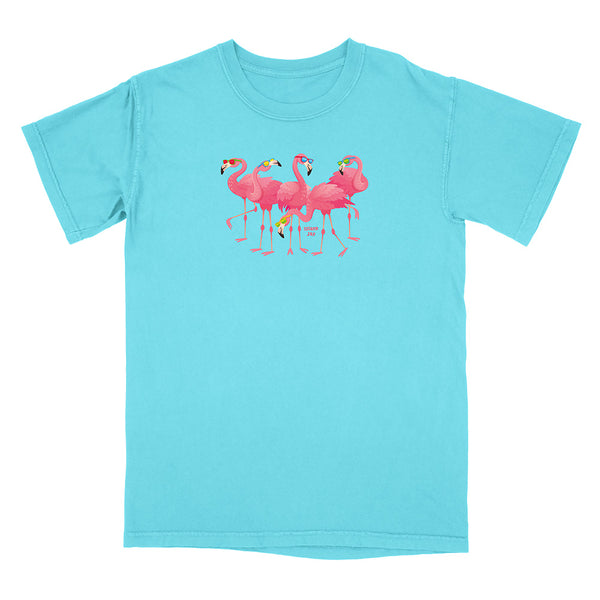 Light blue t-shirt with pink flamingo design on a white background