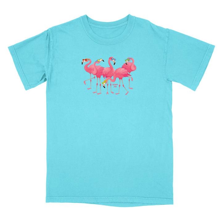 Light blue t-shirt with pink flamingo design on a white background