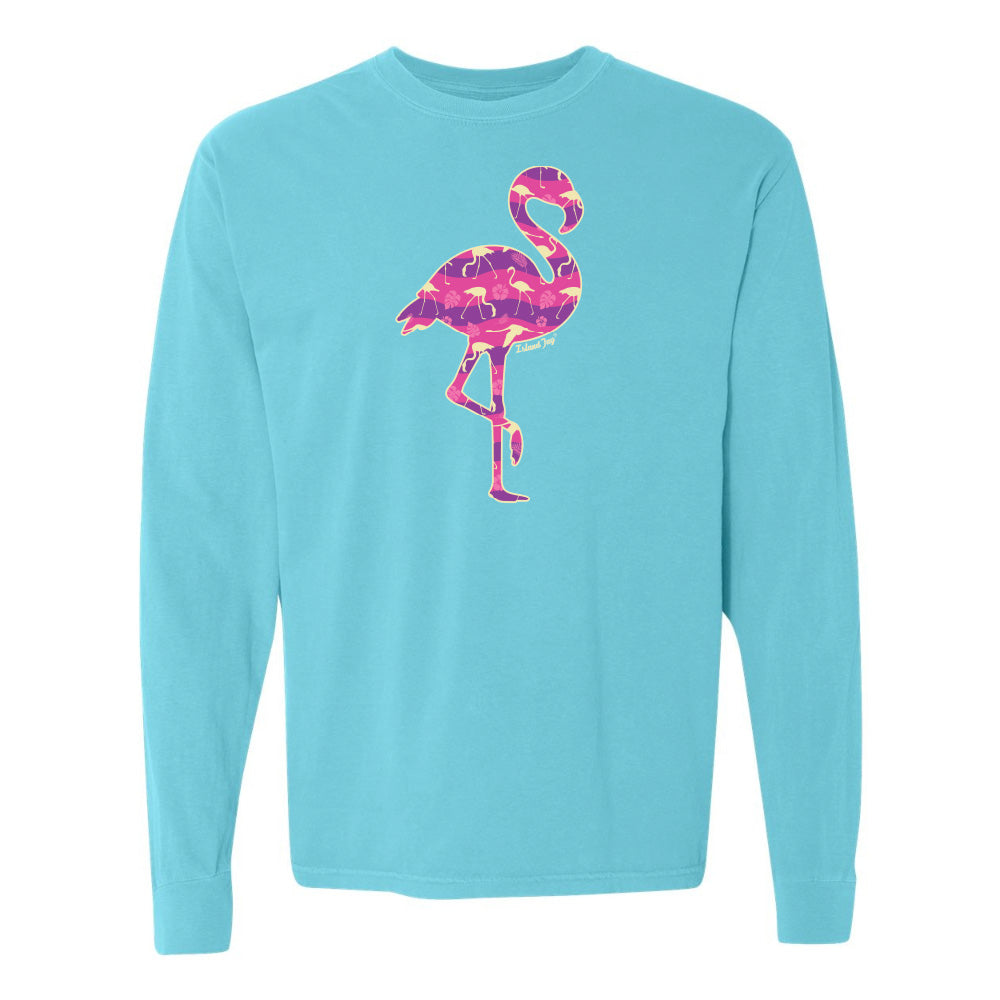 Turquoise long-sleeve shirt with a pink flamingo design on a white background