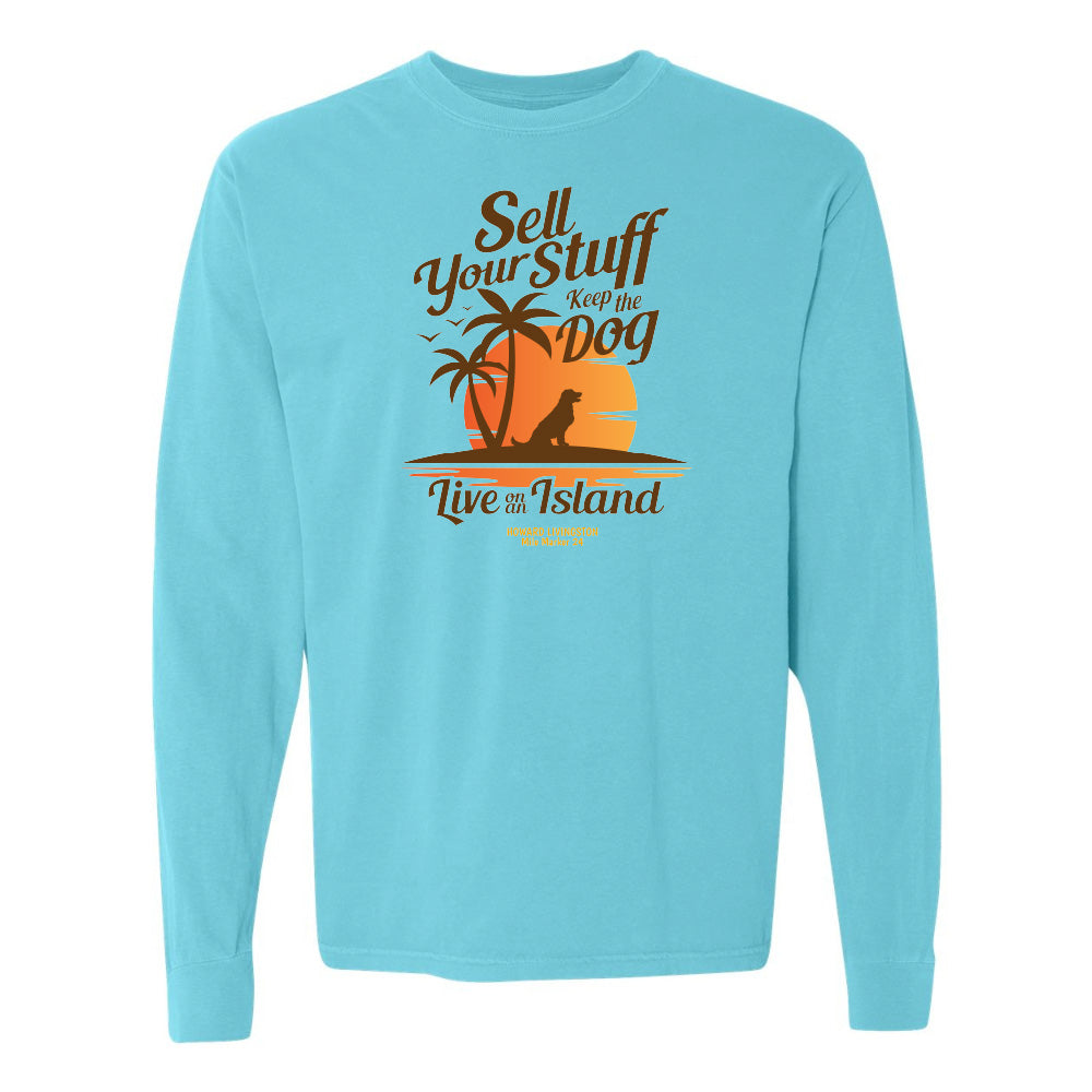 Light blue long-sleeve shirt with a graphic and text on a white background