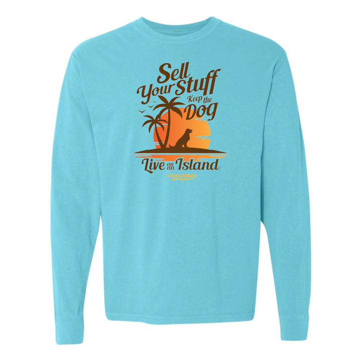 Light blue long-sleeve shirt with a graphic and text on a white background