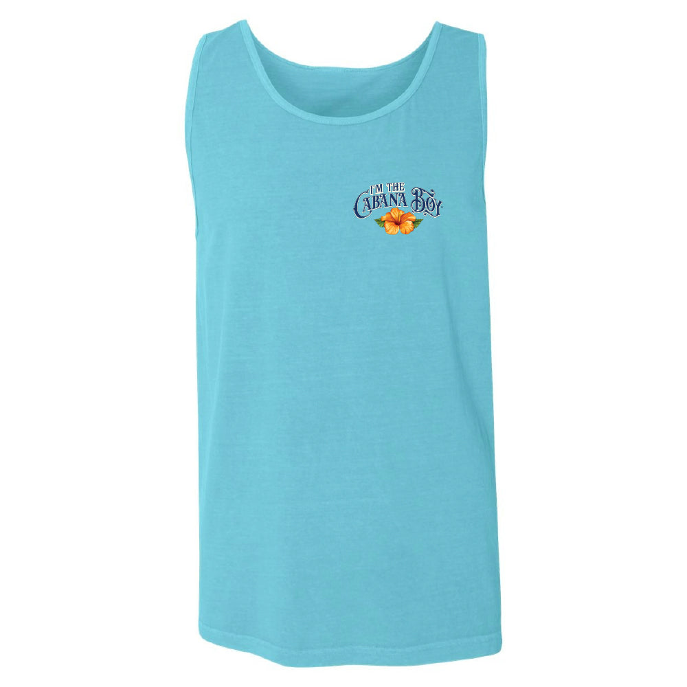 A light blue sleeveless tank top with a small graphic on the left chest reading 'In the Carina Bay' with a small orange and yellow flower illustration, shown on a plain white background.