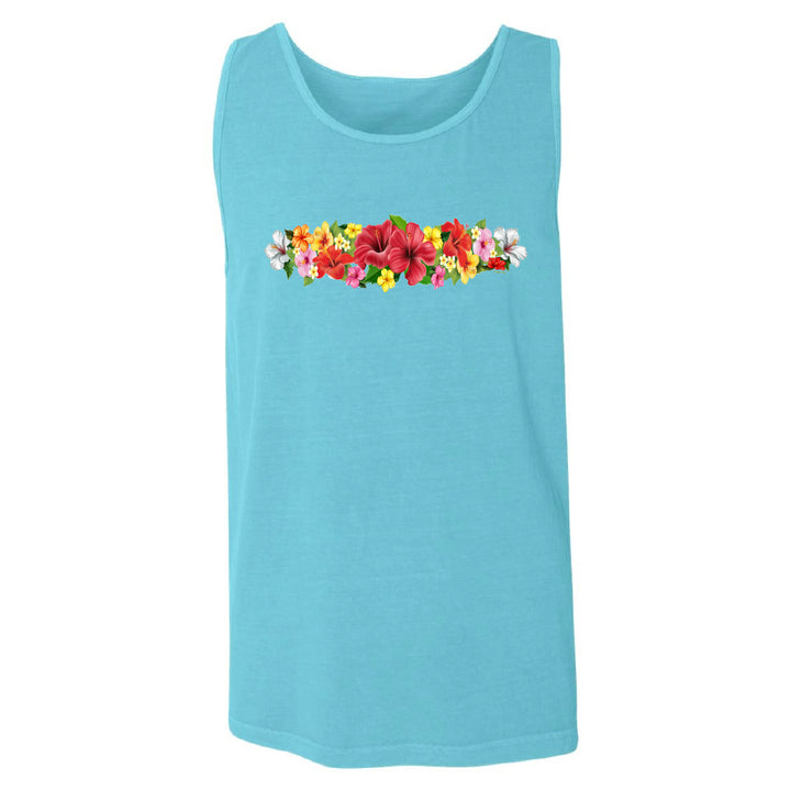 Blue tank top with colorful floral design on a white background