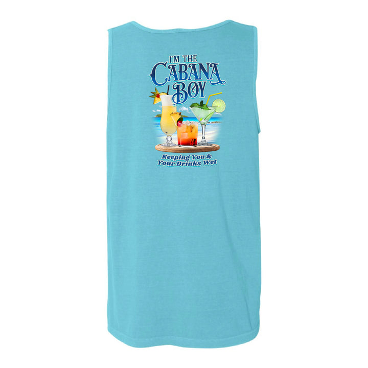 A light blue sleeveless tank top shown from the back, featuring a colorful graphic print of tropical cocktails and the text 'I'm The Cabana Boy' and 'Keeping You & Your Drinks Wet'.
