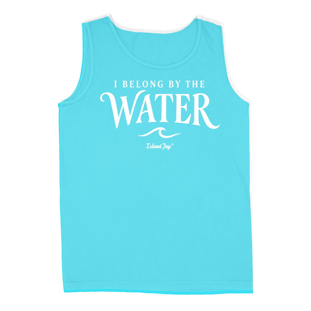 A light blue sleeveless tank top with white printed text reading 'I BELONG BY THE WATER' and a small 'Island Joy' logo underneath, shown on a plain white background.