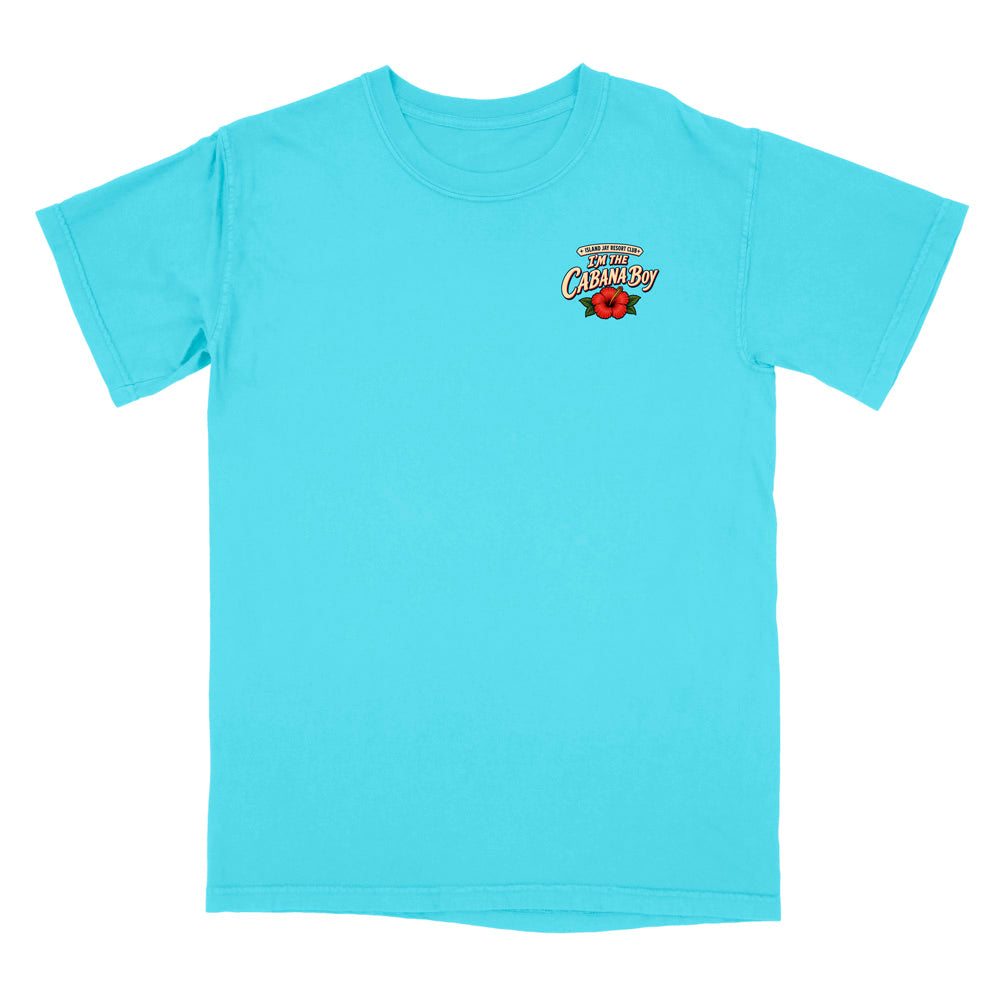A bright turquoise short-sleeve crewneck t-shirt with a small graphic on the left chest reading 'The Best Champion' in red and yellow with a red rose, displayed on a solid white background.