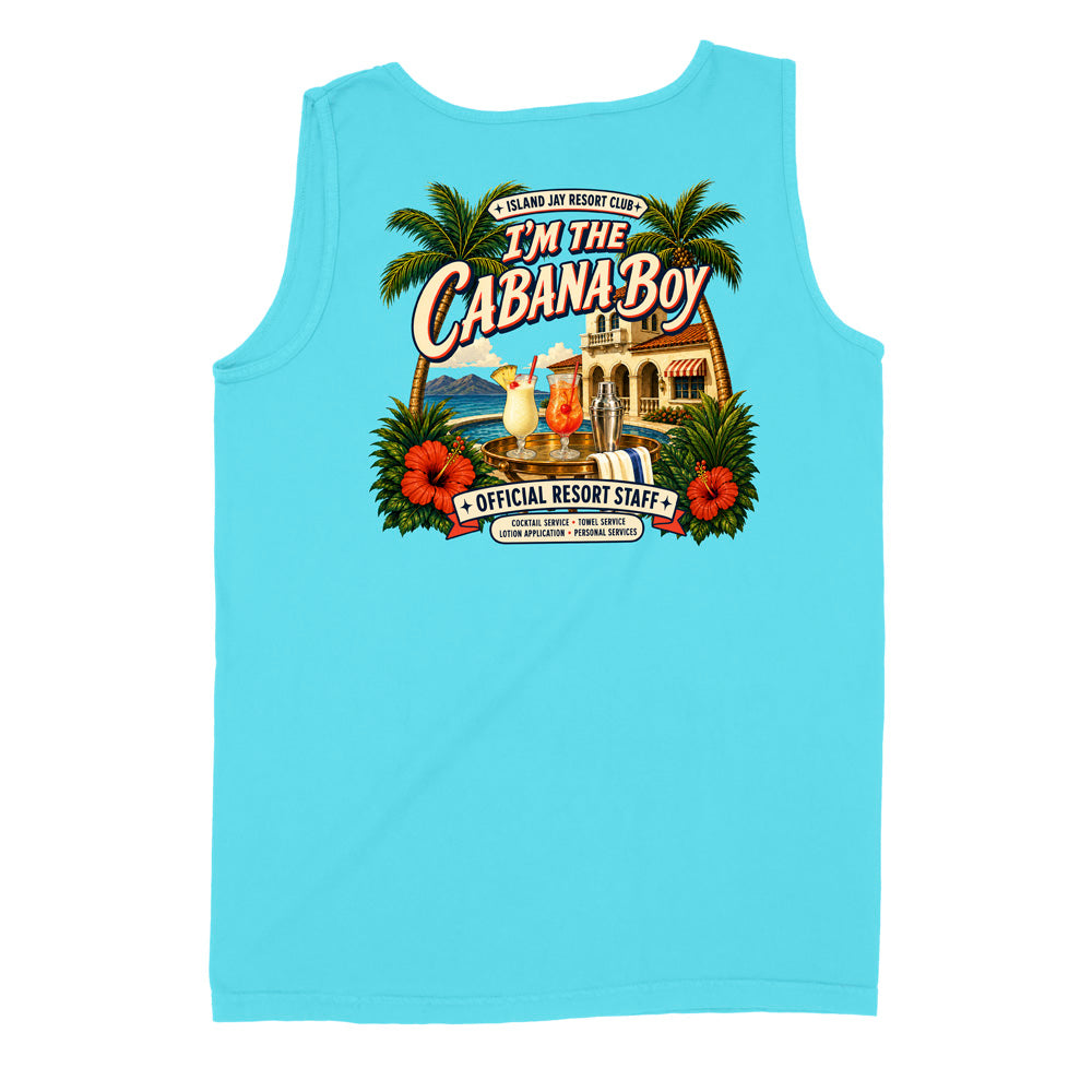 A light blue sleeveless tank top with a colorful retro graphic on the front. The graphic features palm trees, hibiscus flowers, a resort building, cocktails, and the text 'I'M THE CABANA-BOY' and 'OFFICIAL RESORT STAFF'.
