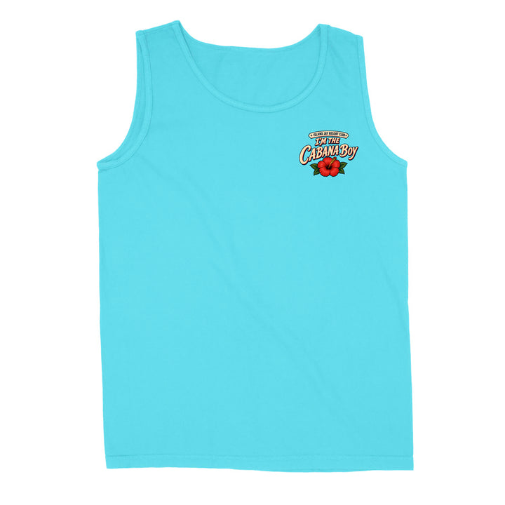A light blue sleeveless tank top with a small graphic on the left chest reading 'Cabin Boy' with a red flower illustration, shown on a plain white background.
