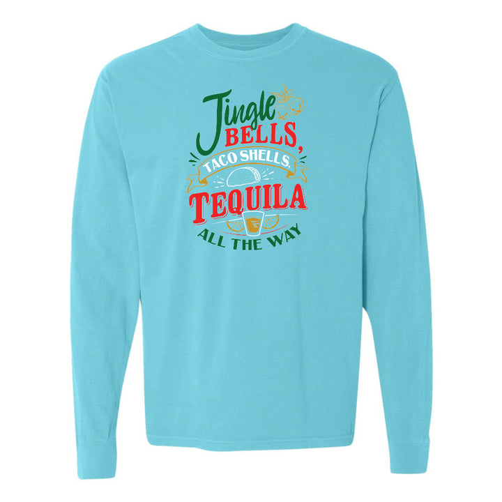 Light blue long-sleeve shirt with colorful text design on a white background