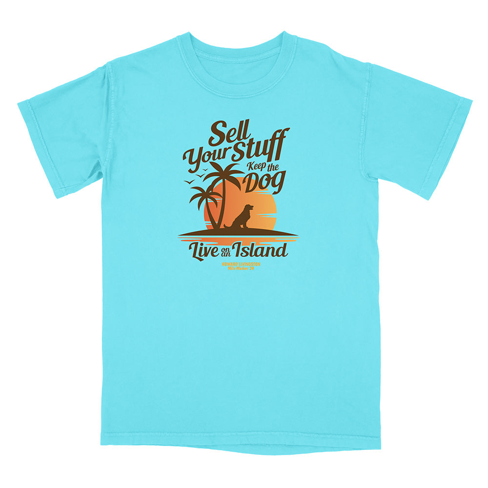 Light blue t-shirt with a tropical graphic and text on a white background