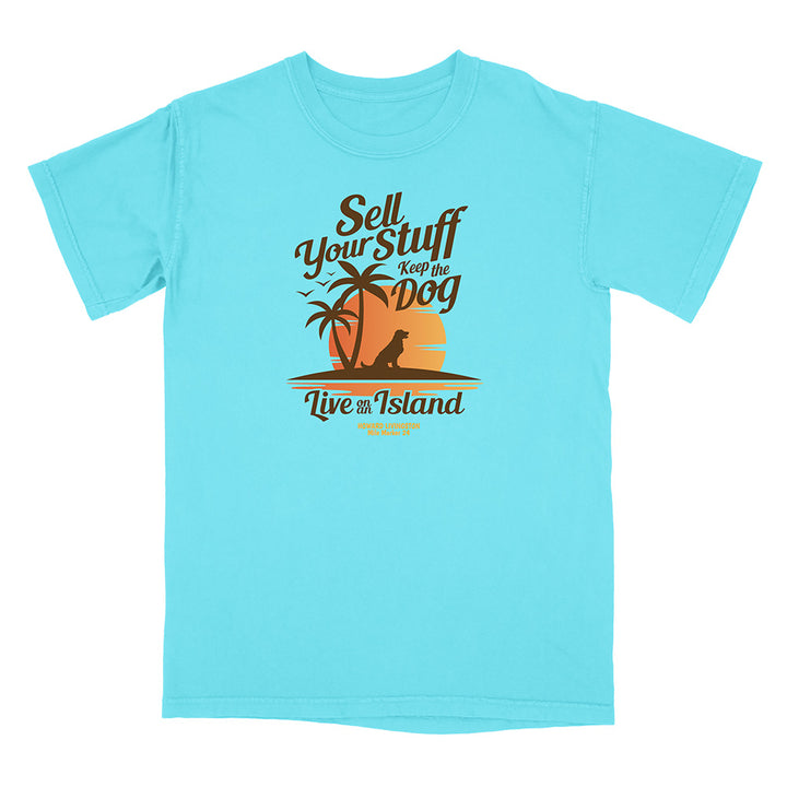Light blue t-shirt with a tropical graphic and text on a white background