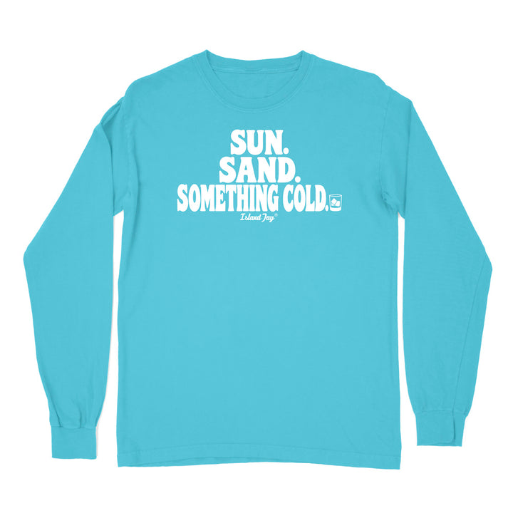 A lagoon blue long-sleeve t-shirt with a black graphic text print on the chest reading 'SUN. SAND. Something cold