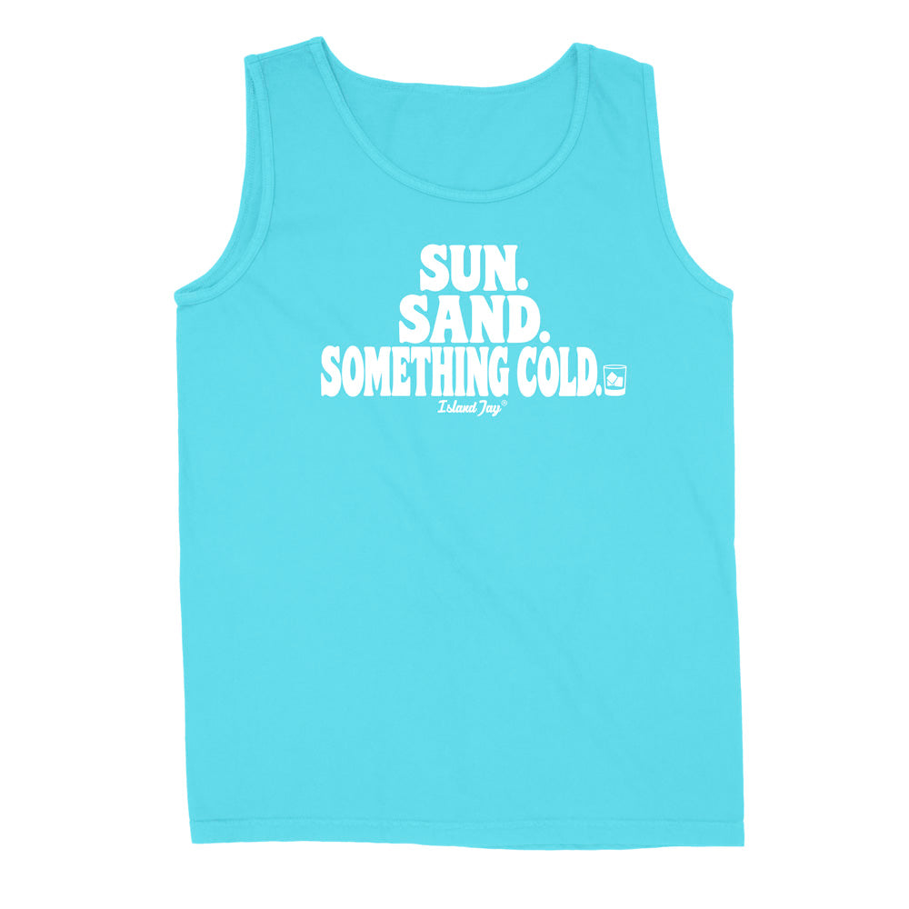 A bright turquoise sleeveless tank top with white graphic text reading 'SUN. Sand. Something cold