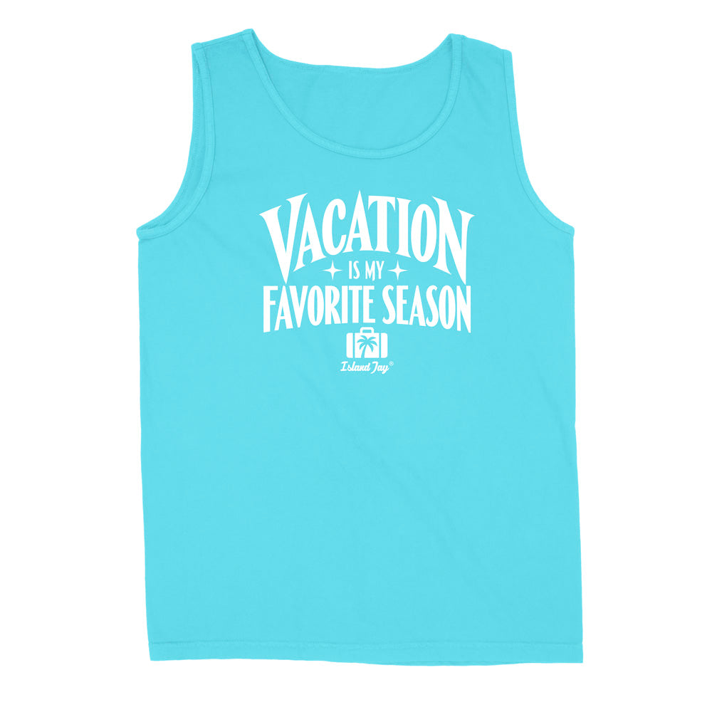 A lagoon blue sleeveless tank top with a white graphic print on the front that reads 'VACATION IS MY FAVORITE SEASON' 