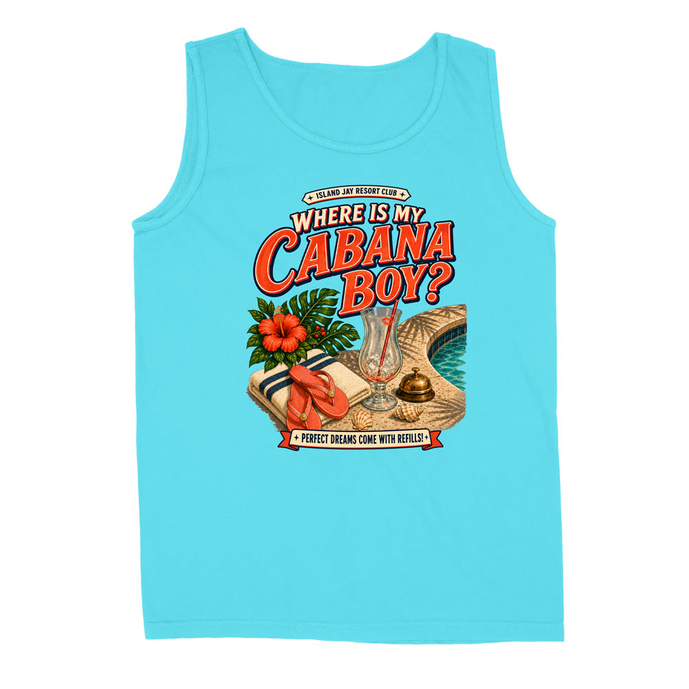 A light blue sleeveless tank top with a retro-style graphic on the front reading 'Where is my Cabana Boy?' in red and orange lettering, with tropical illustrations including hibiscus flowers, a cocktail glass, a towel, and a pool.