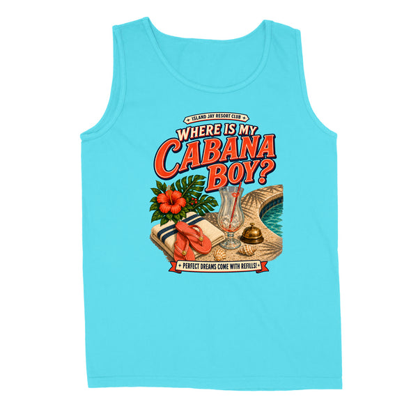A light blue sleeveless tank top with a retro-style graphic on the front reading 'Where is my Cabana Boy?' in red and orange lettering, with tropical illustrations including hibiscus flowers, a cocktail glass, a towel, and a pool.