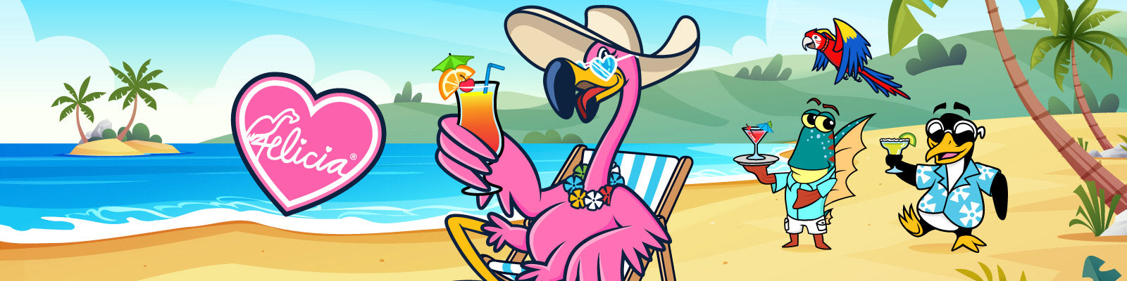 Felicia the Flamingo loves her friends & she drinks well with others. Shop Felicia's collection of tropical gear.