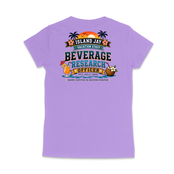 A light purple short-sleeve t-shirt shown from the back, featuring a colorful graphic print with tropical island illustrations and the text 'ISLAND JAY BEVERAGE RESEARCH OFFICER'.