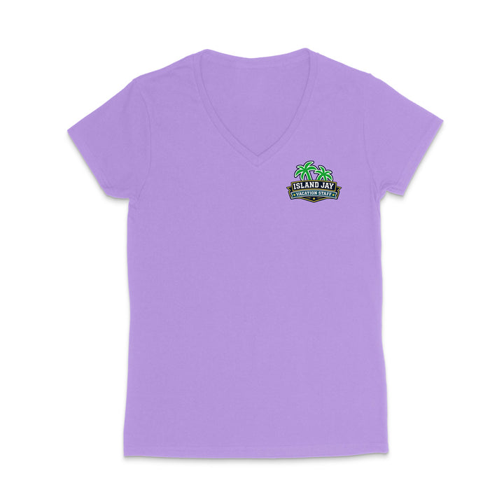 A violet women's short-sleeve V-neck t-shirt with a small colorful graphic on the left chest featuring palm trees and the text 'Island Jay Vacation Staff'.