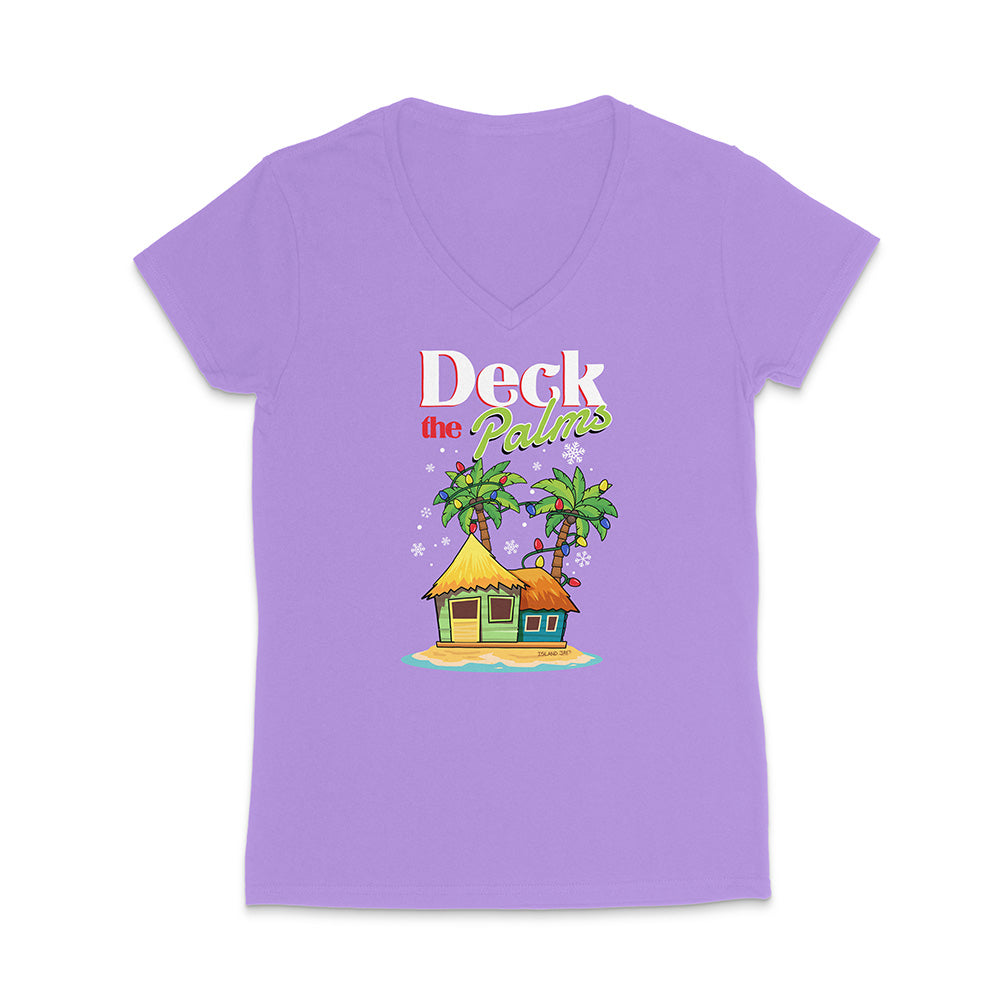 Purple t-shirt with a tropical hut and palm trees graphic and 'Deck the Palms' text on a white background.