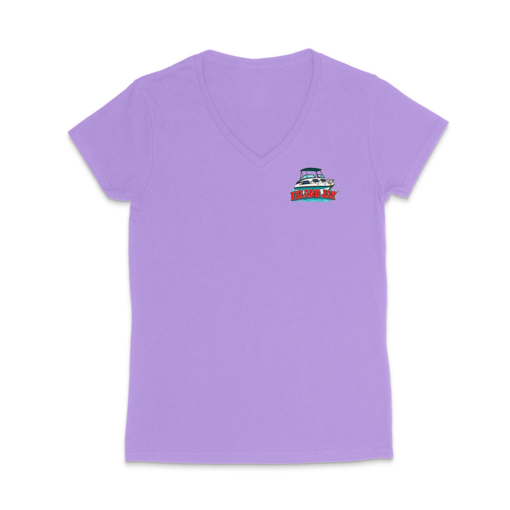 A light purple short-sleeve V-neck t-shirt with a small boat graphic and the text 'SALTY' on the left chest, displayed on a clean white background.