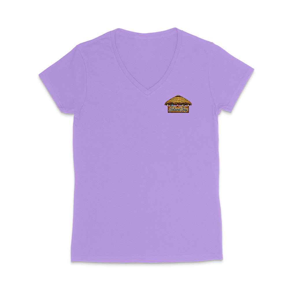 A light purple short-sleeve V-neck t-shirt with a small graphic of a hotdog on the left chest, displayed on a clean white background.