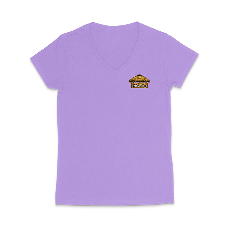 A light purple short-sleeve V-neck t-shirt with a small graphic of a hotdog on the left chest, displayed on a clean white background.