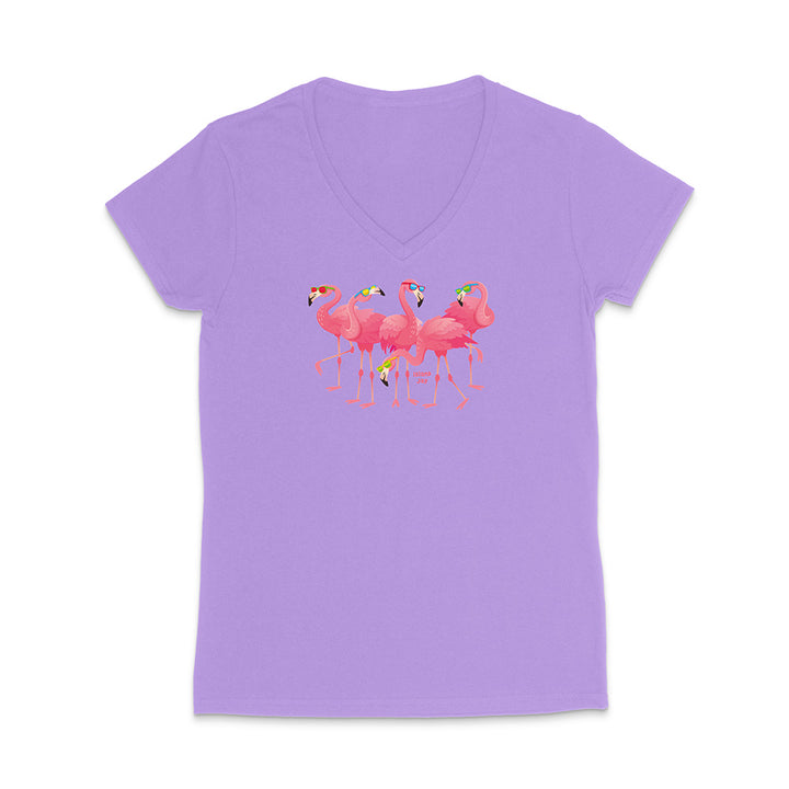 Purple t-shirt with pink flamingo design on a white background