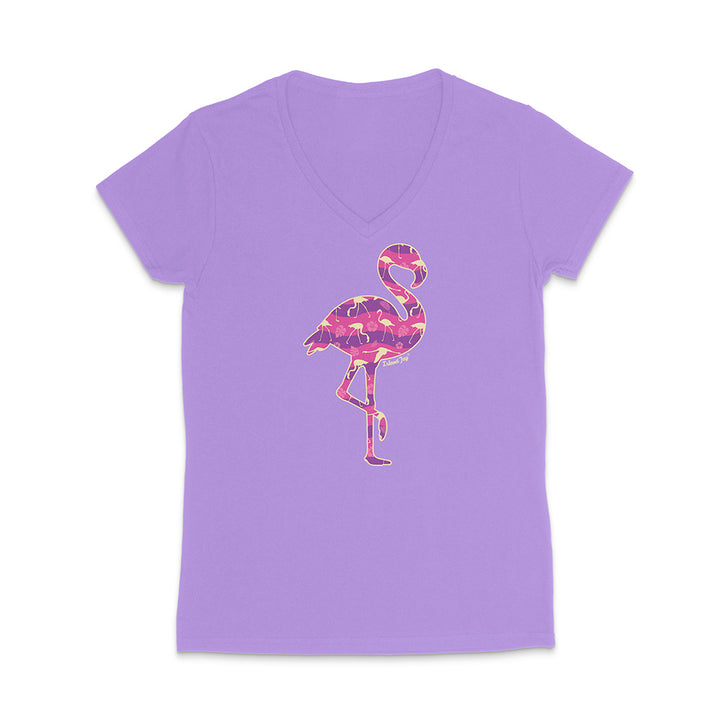 Violet v-neck t-shirt with a colorful flamingo design on a white background